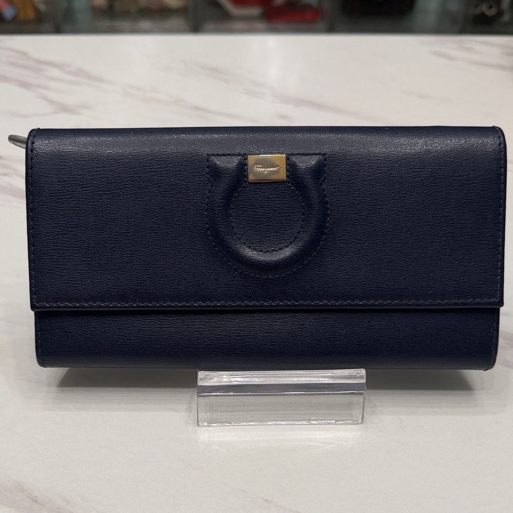 Salvatore Ferragamo Navy Leather Flap Wallet with Gancini Detail